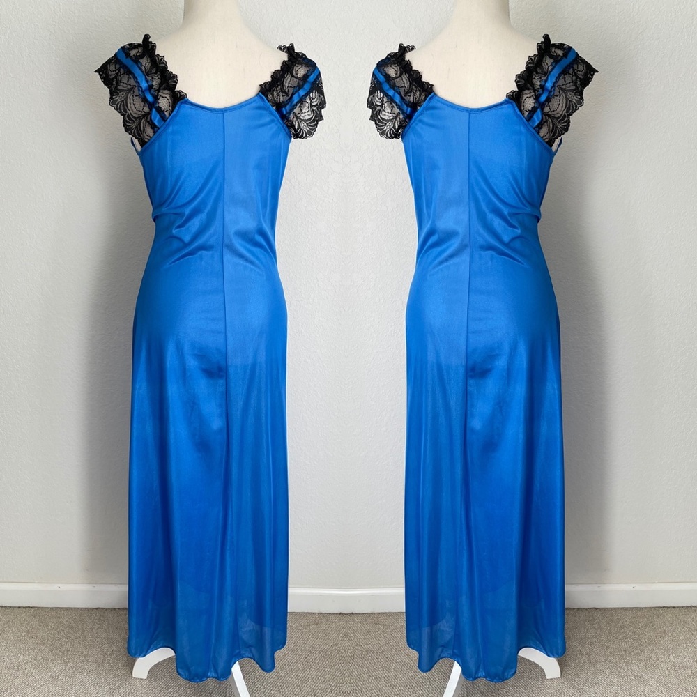VINTAGE ROYAL BLUE LACE SILKY NIGHTGOWN SLIP DRESS MAXI MEDIUM - Picture 4 of 13